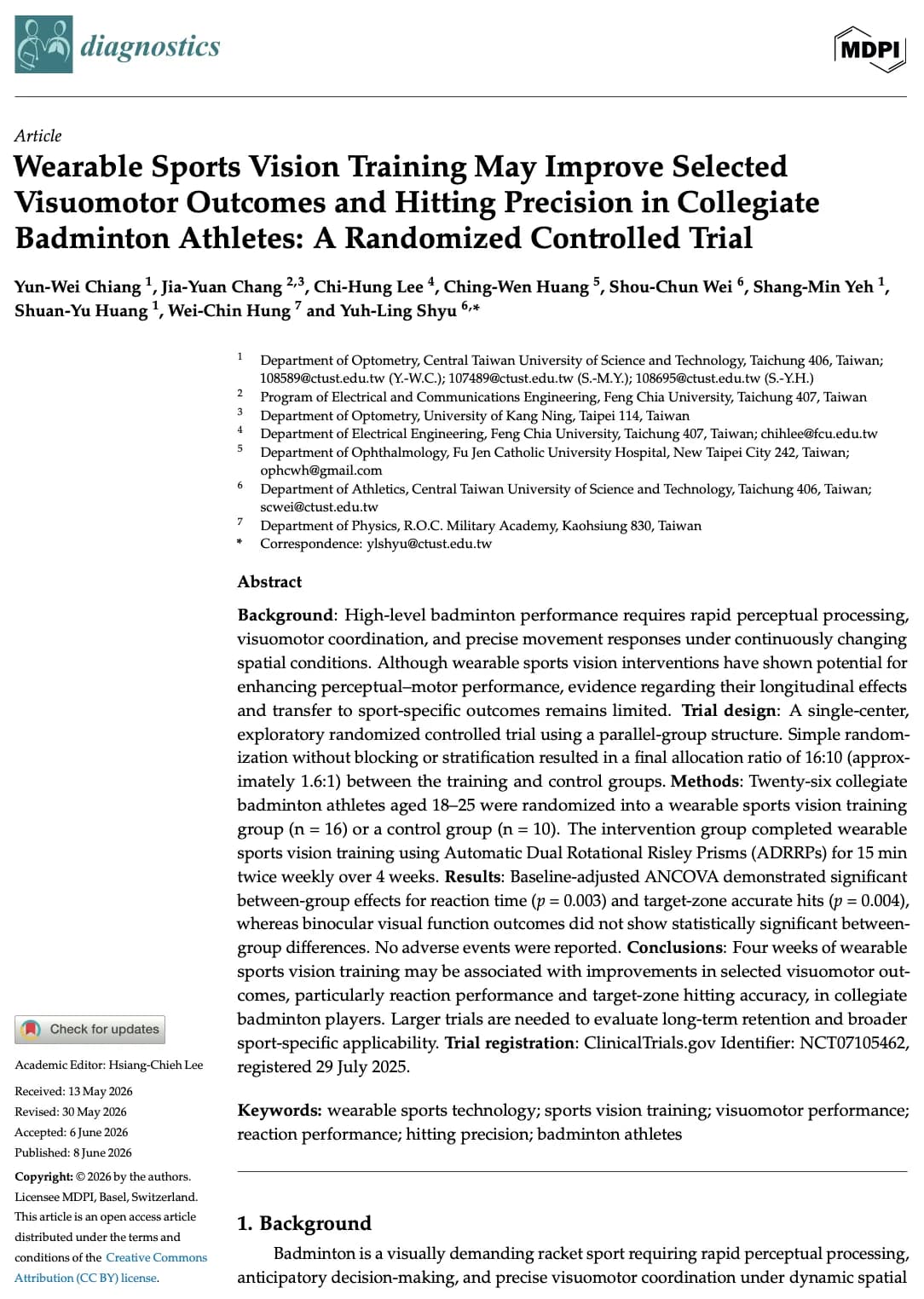 Wearable Sports Vision Training May Improve Selected Visuomotor Outcomes and Hitting Precision in Collegiate Badminton Athletes: A Randomized Controlled Trial